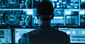 Data analyst looking at computer screens with charts and network data, simbox fraud detection using machine learning.